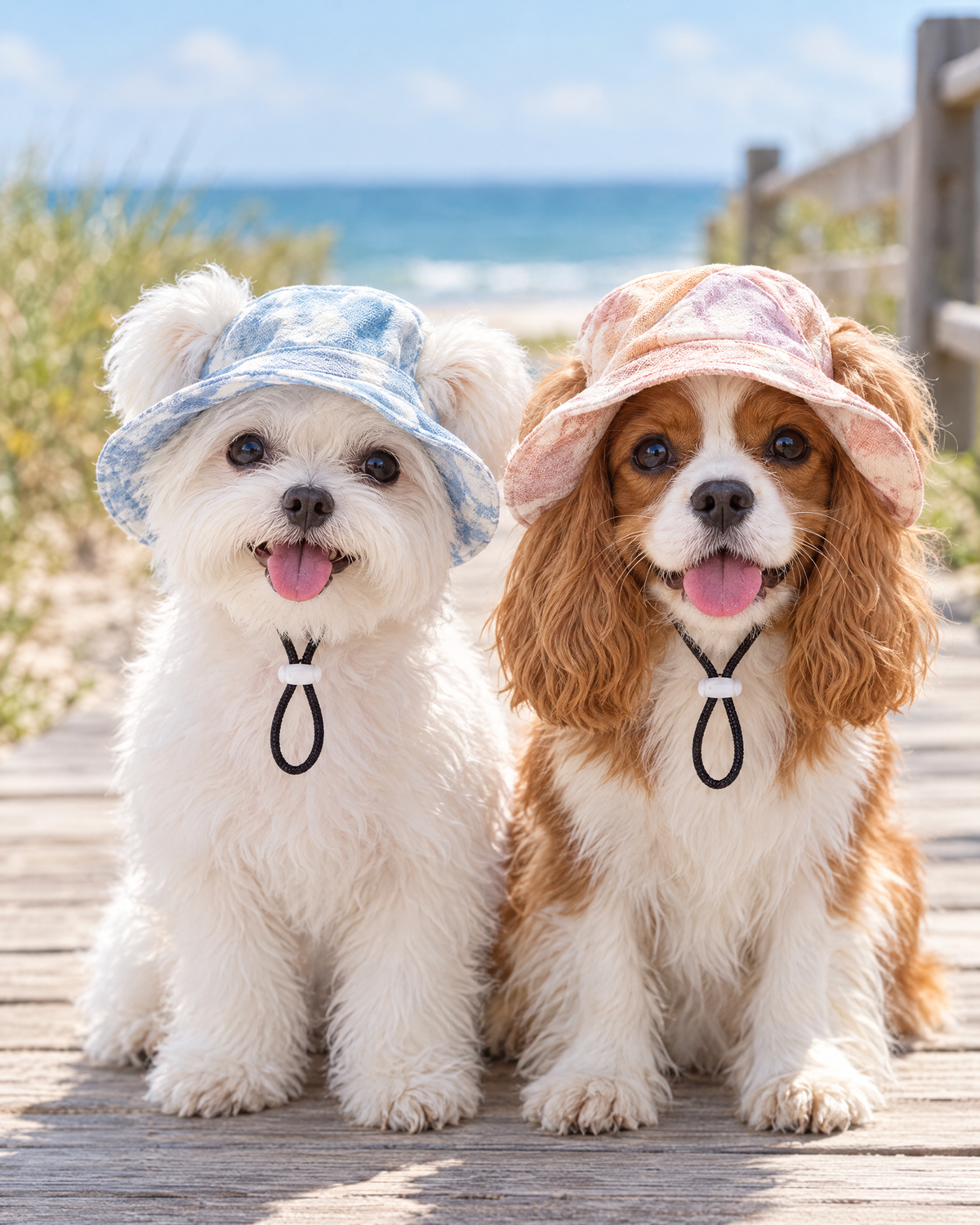 Maltese and Cavalier in matching tie-dye dog sun hats