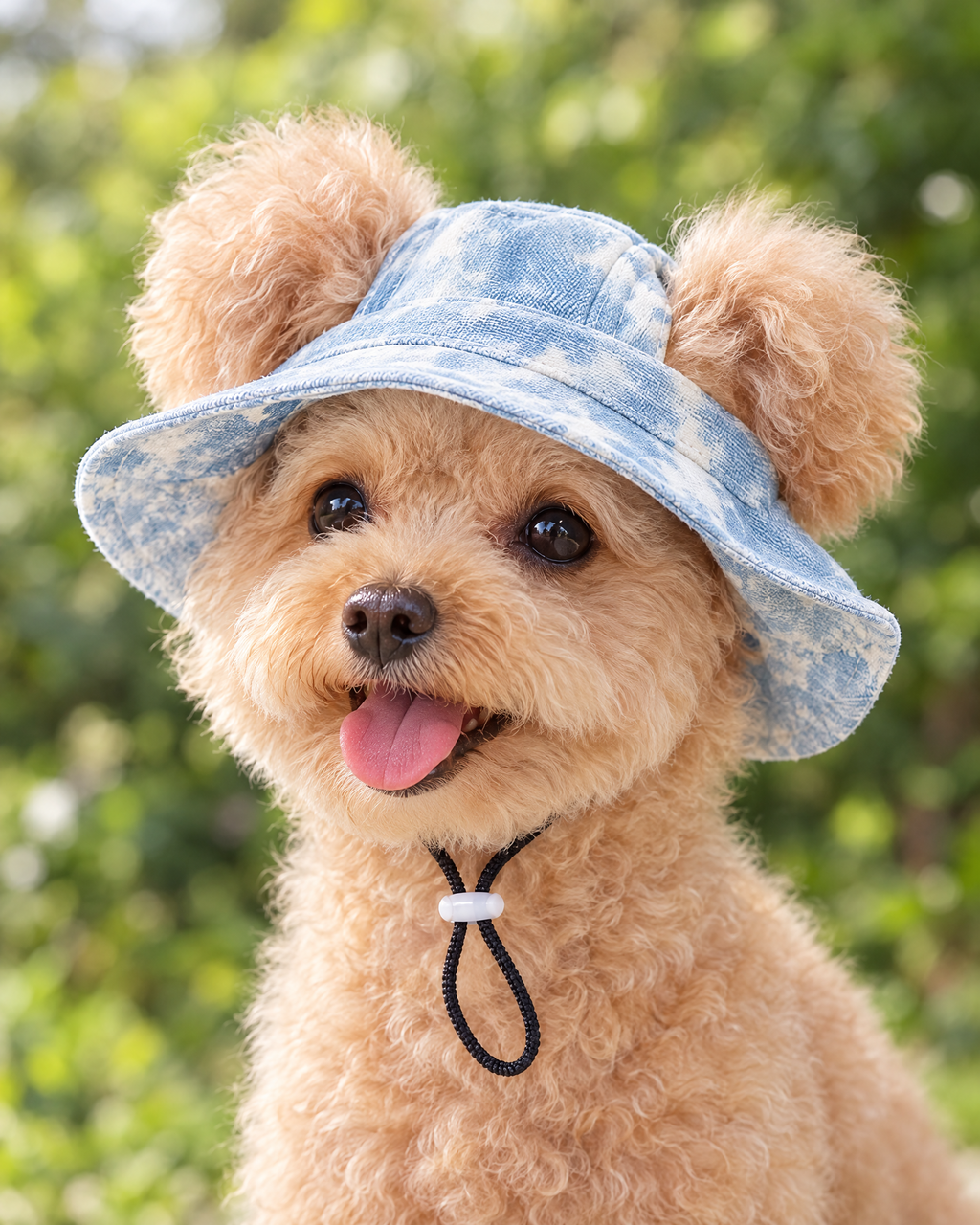 Blue: Close-up of the ear holes, chin cord and toggle on the light blue dog sun hat