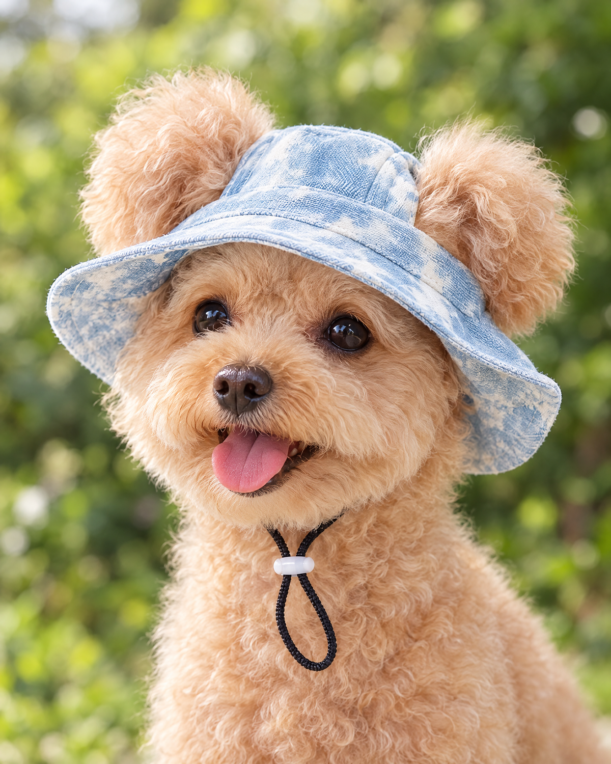 Blue: Close-up of the ear holes, chin cord and toggle on the light blue dog sun hat
