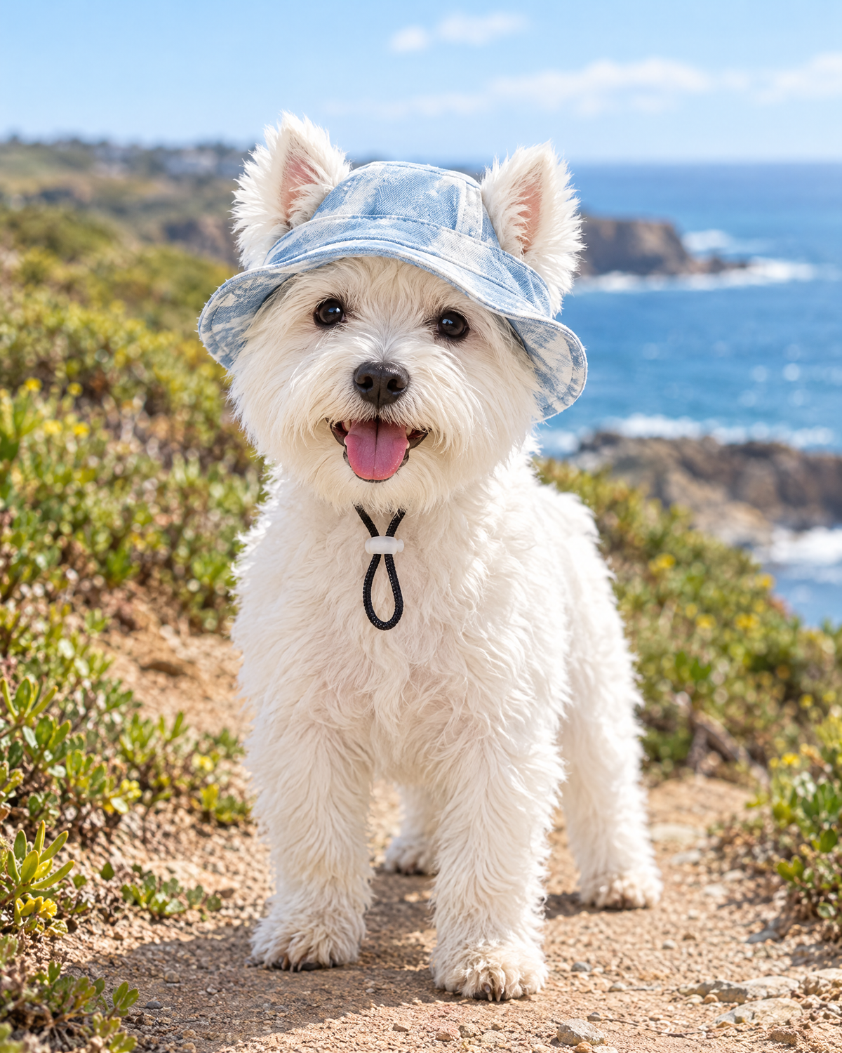 Blue: Westie on a coastal trail wearing the light blue tie-dye dog sun hat