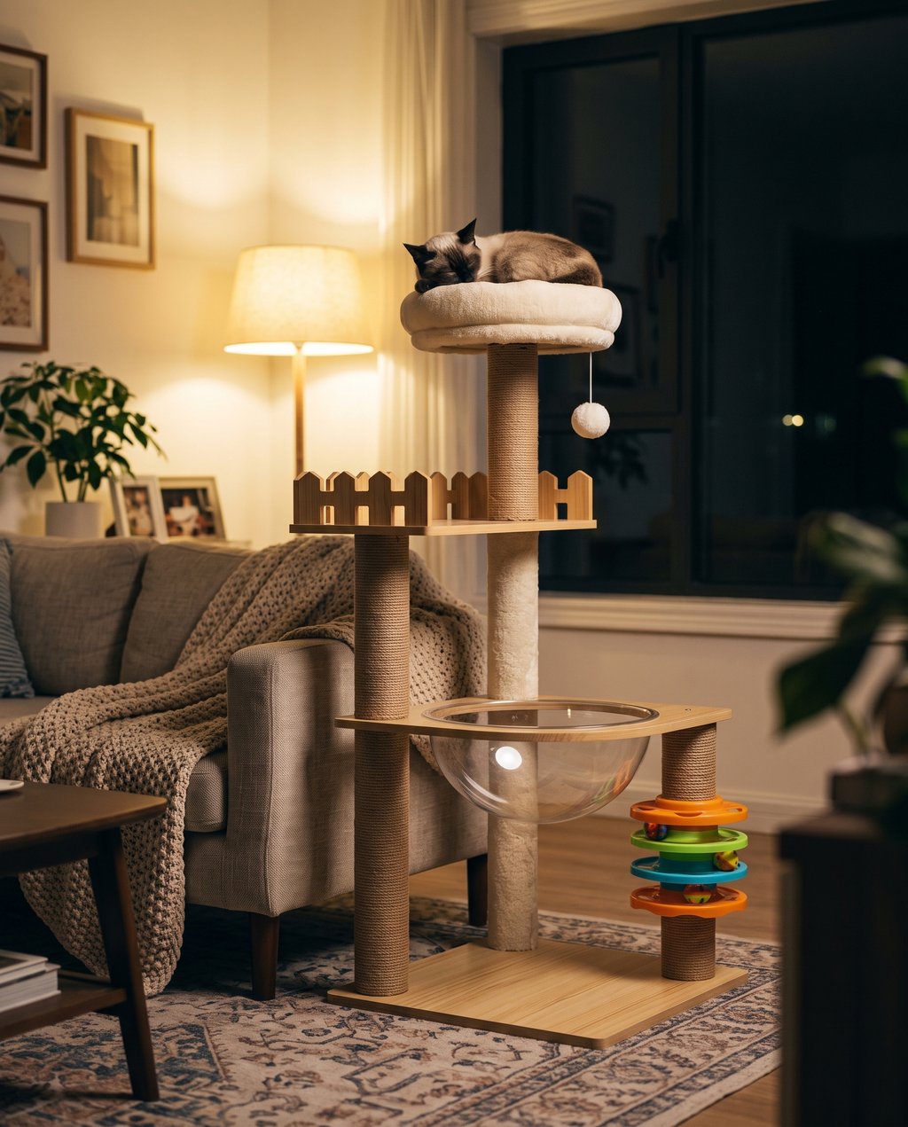 Cat tower in a cosy living room at night, cat asleep in the top bed