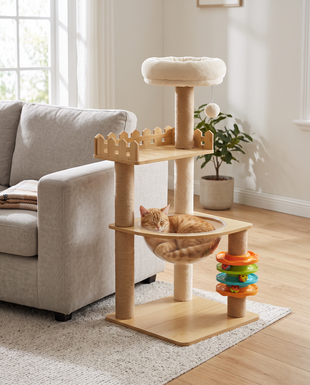 Modern light wood cat tower beside a grey sofa, ginger cat asleep in the clear bowl hammock