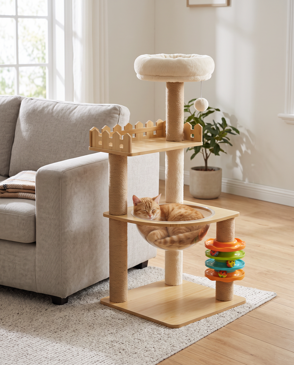 Modern light wood cat tower beside a grey sofa, ginger cat asleep in the clear bowl hammock
