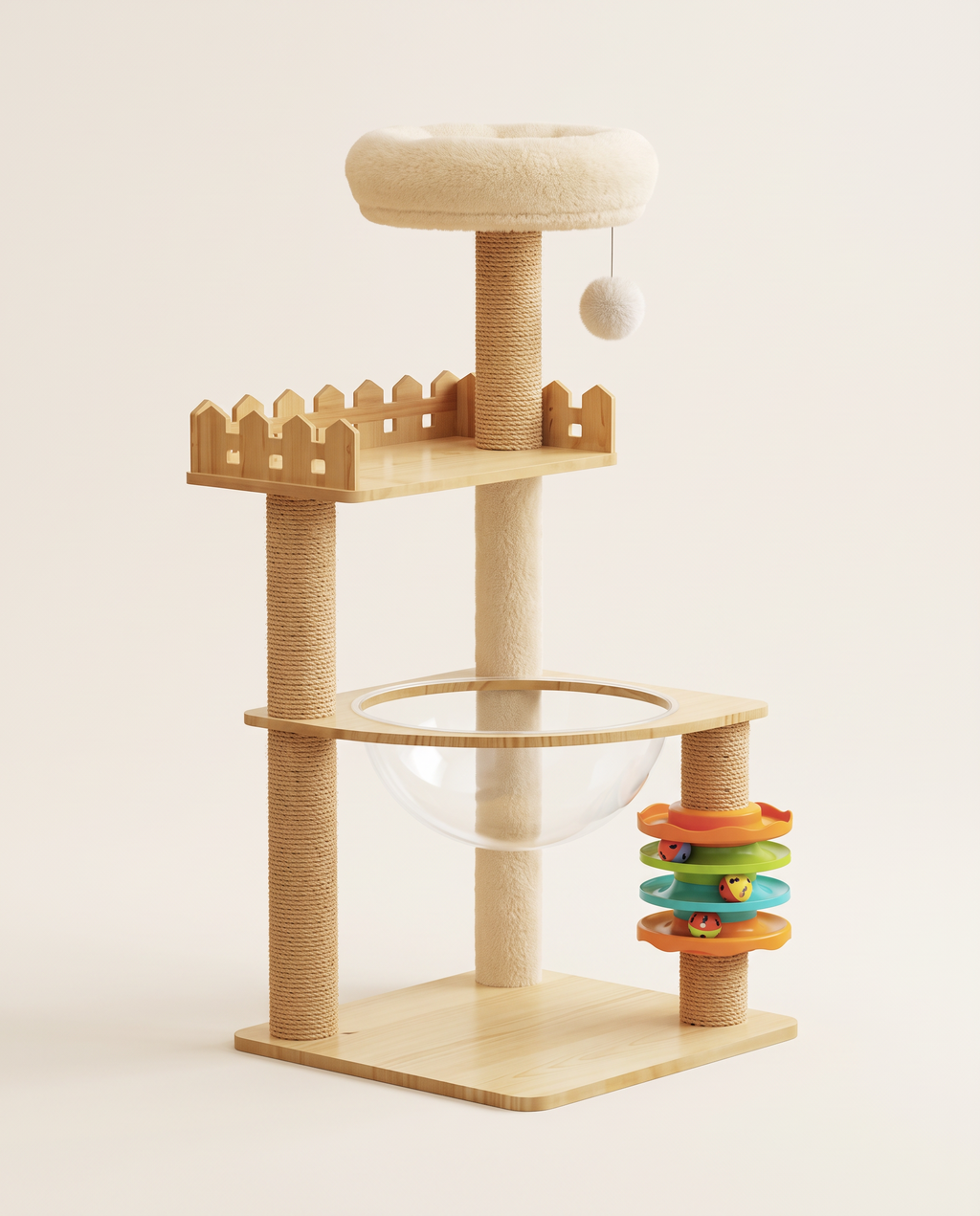 Full cat tower: top bed, fenced lookout, clear bowl, sisal posts and ball-track toy