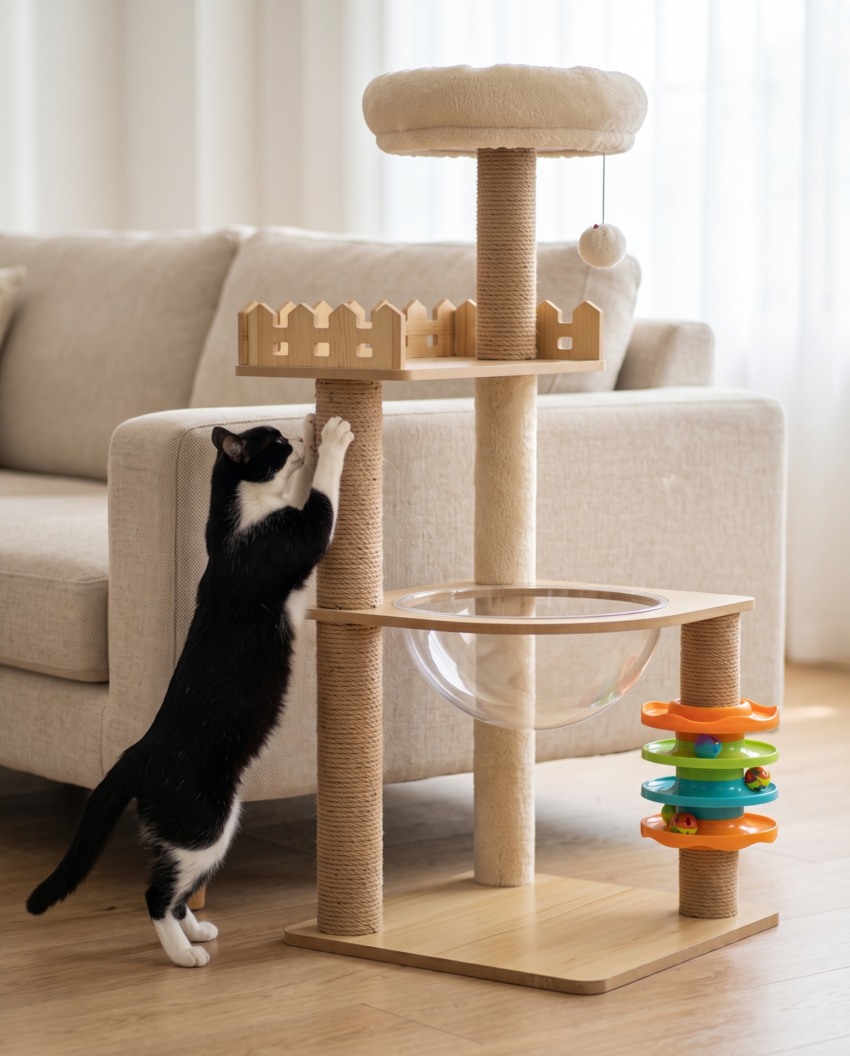 Cat stretching up to scratch the sisal post next to the sofa