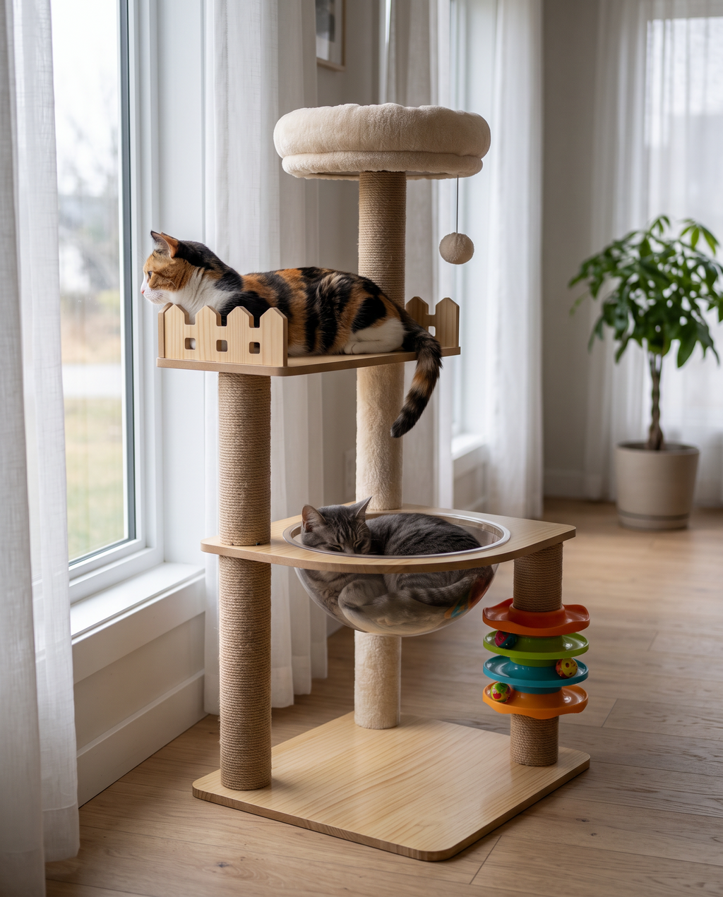 Two cats on the tower by a window, one on the lookout, one in the bowl