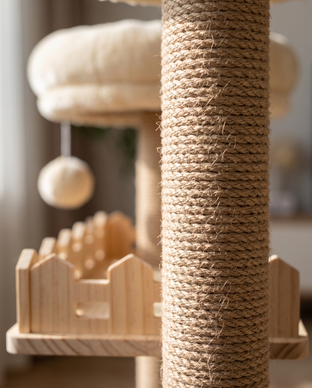 Close-up of the sisal rope post and the fenced wooden lookout