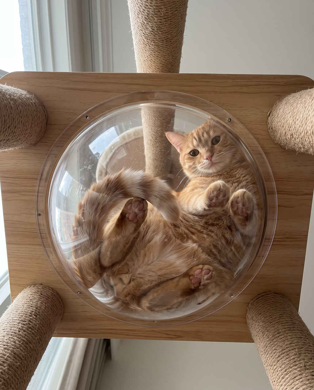 Cat lying in the clear acrylic bowl, seen from underneath