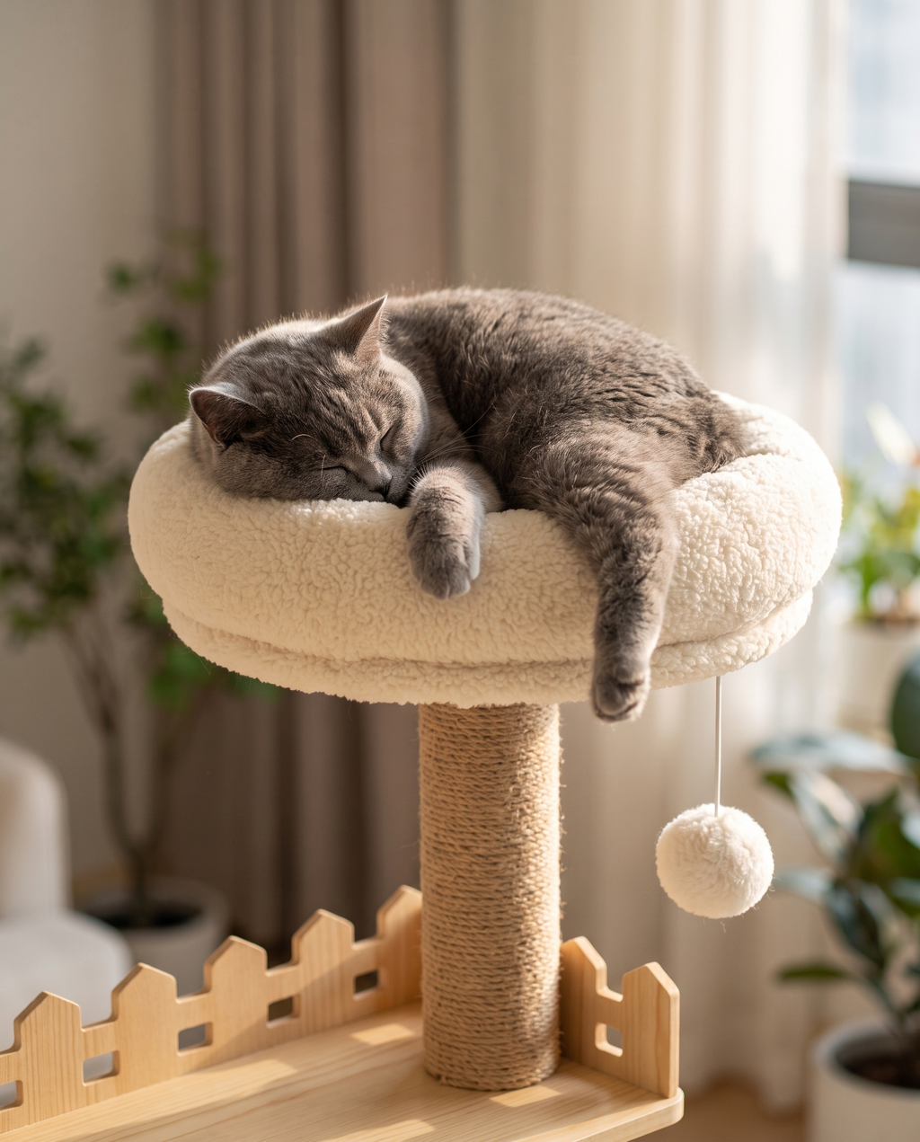 Grey cat asleep in the round plush top bed with a hanging pom-pom