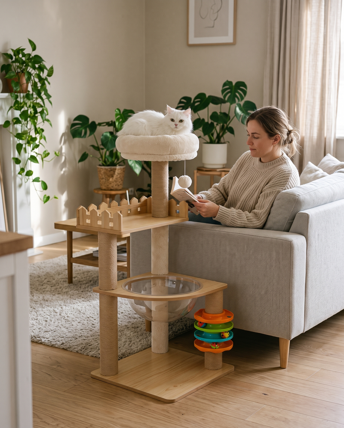 The 39-inch tower next to a sofa, showing its size beside a seated adult
