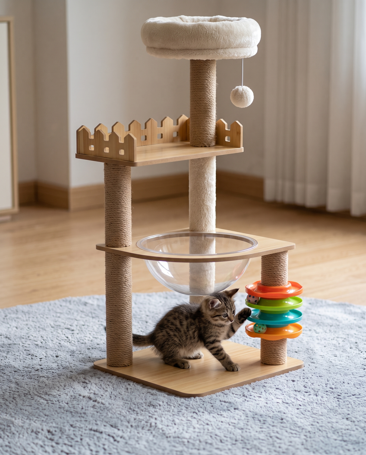 Kitten batting a ball in the ball-track toy on the tower base