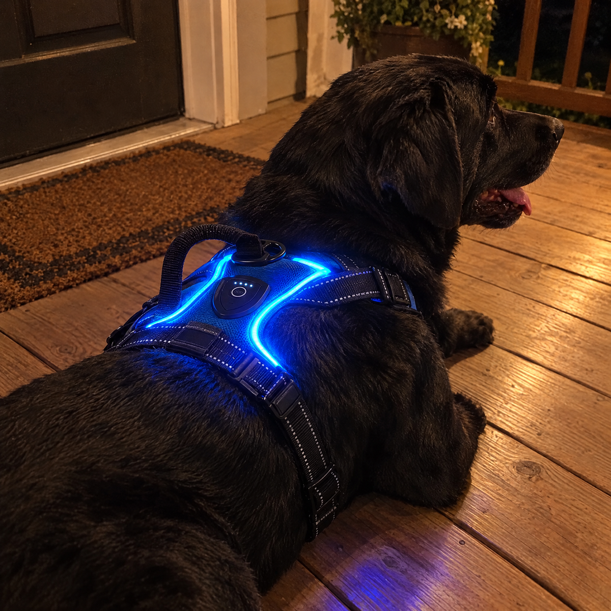 Blue: labrador resting on the porch, harness glowing blue