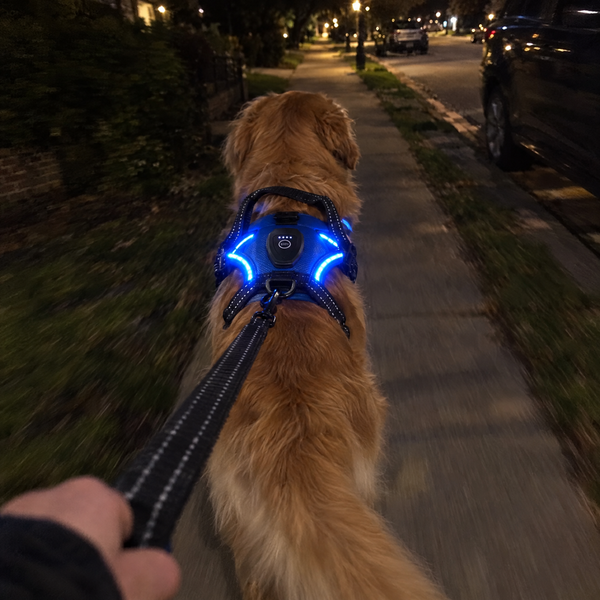 Blue: golden retriever on an evening walk, the harness glowing blue on his back