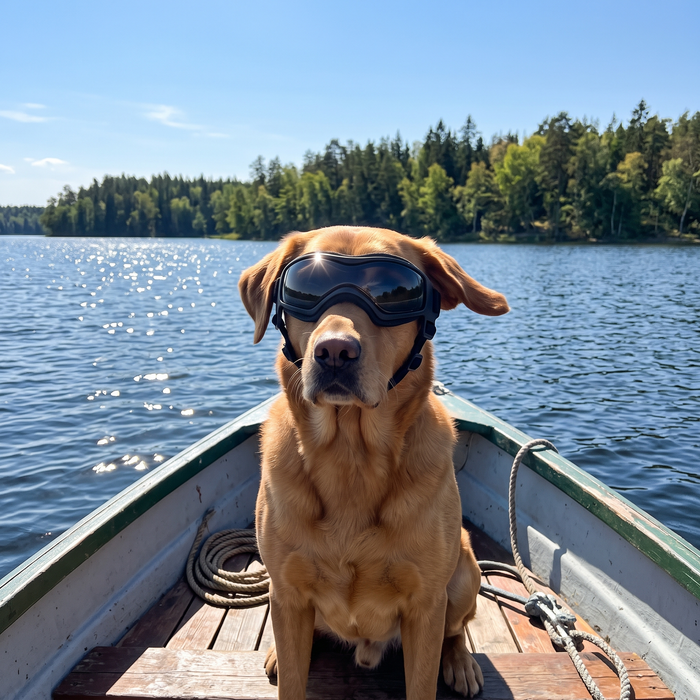 Labrador wearing the goggles on a boat