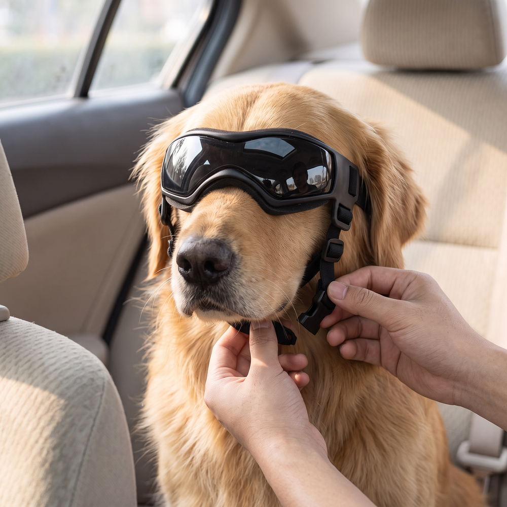 Clipping the chin strap of the goggles on a golden retriever