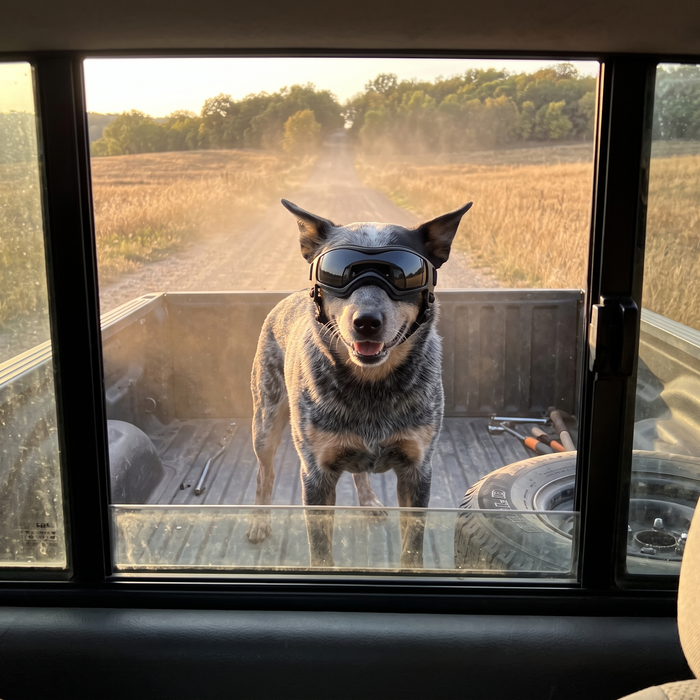 Cattle dog wearing the goggles in the back of a truck on a dusty road