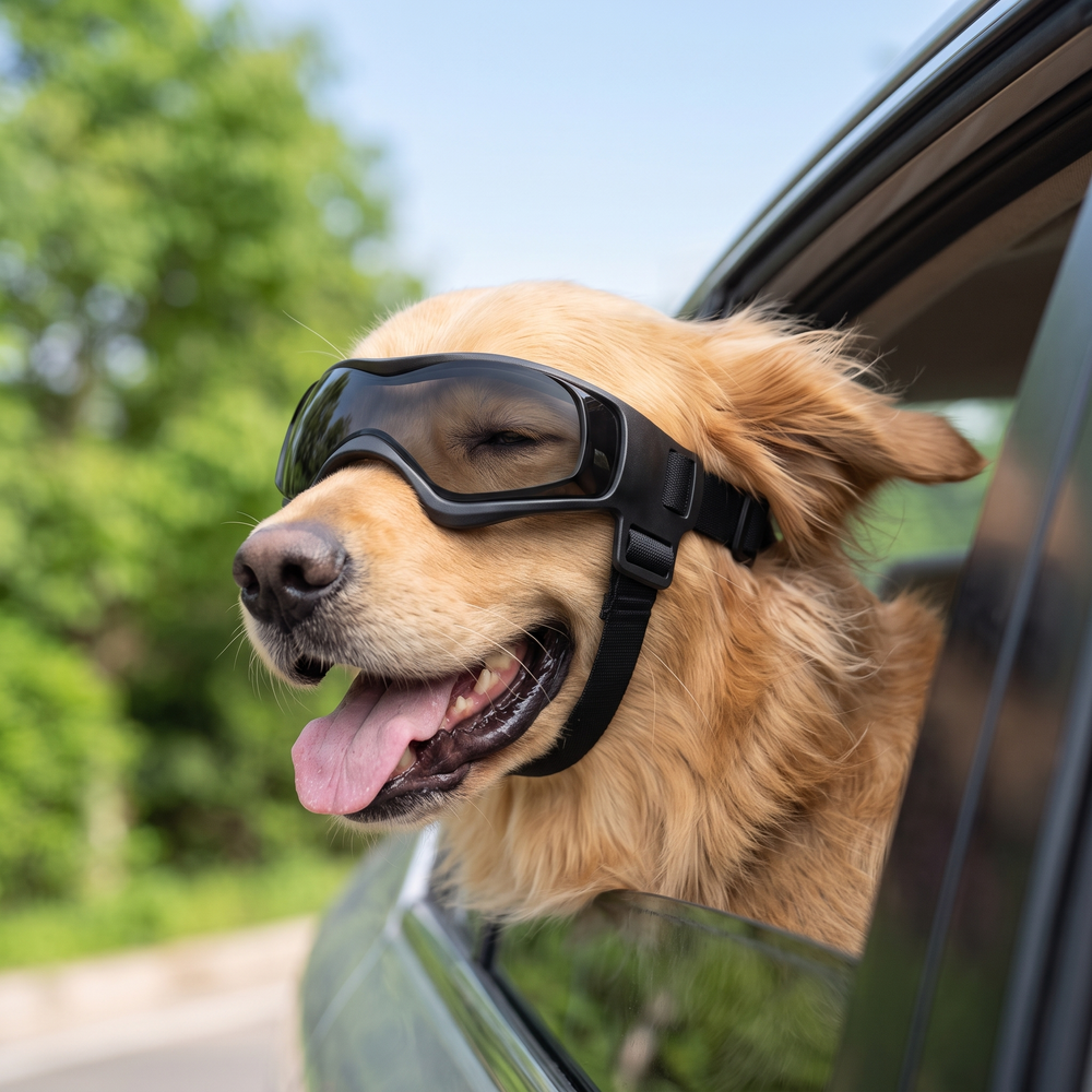 Golden retriever wearing the goggles with its head out of a car window
