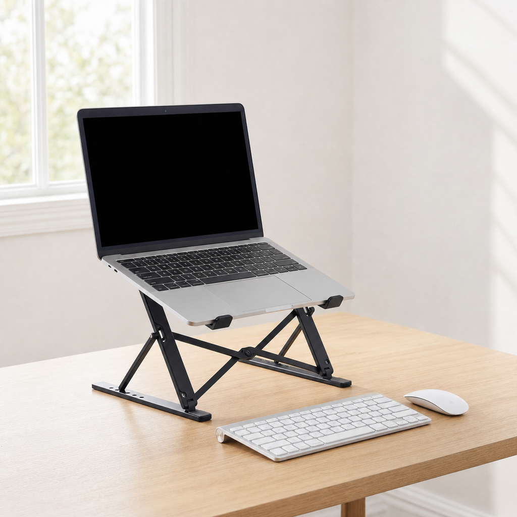 Foldable laptop stand holding a laptop at eye level on a light oak desk