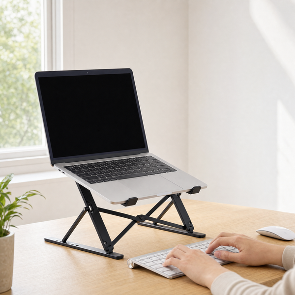 Laptop raised on the stand with open airflow underneath, hands on a separate keyboard