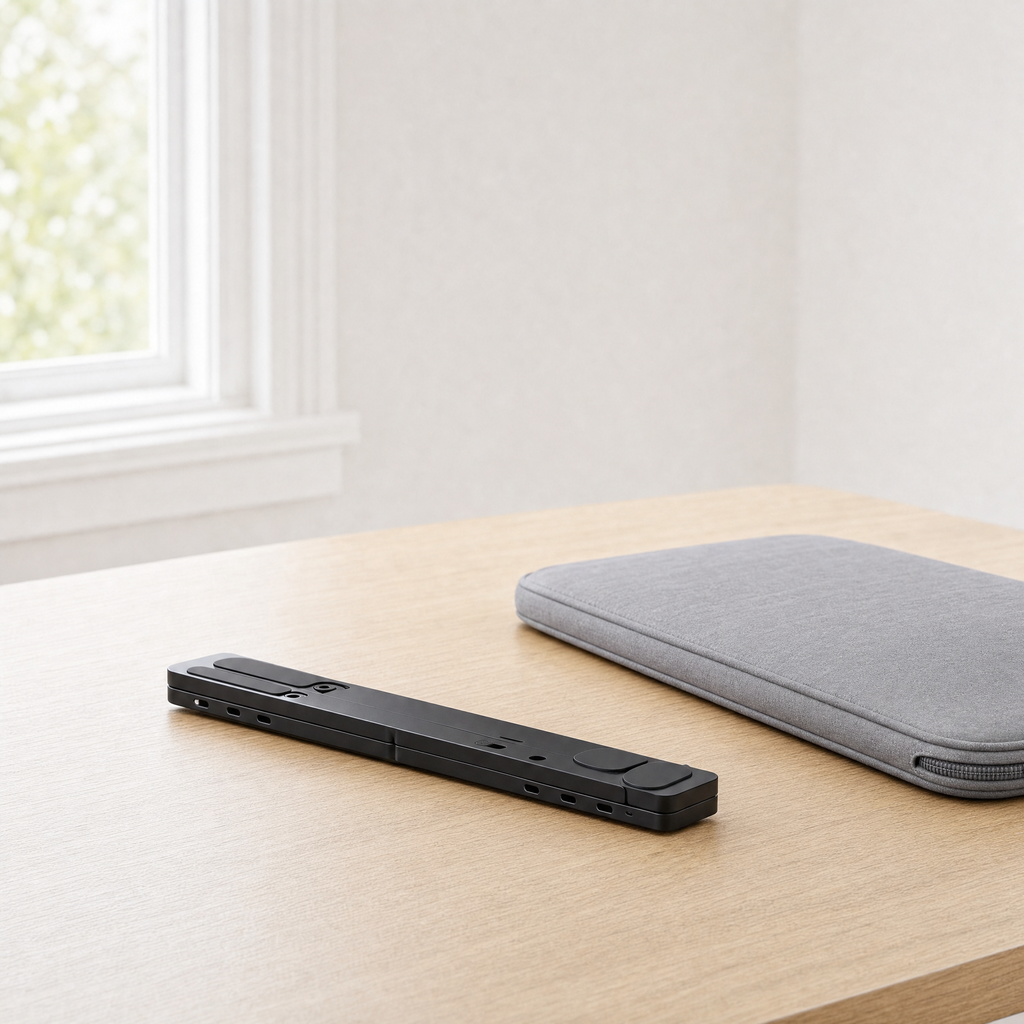 The stand folded completely flat next to a laptop sleeve