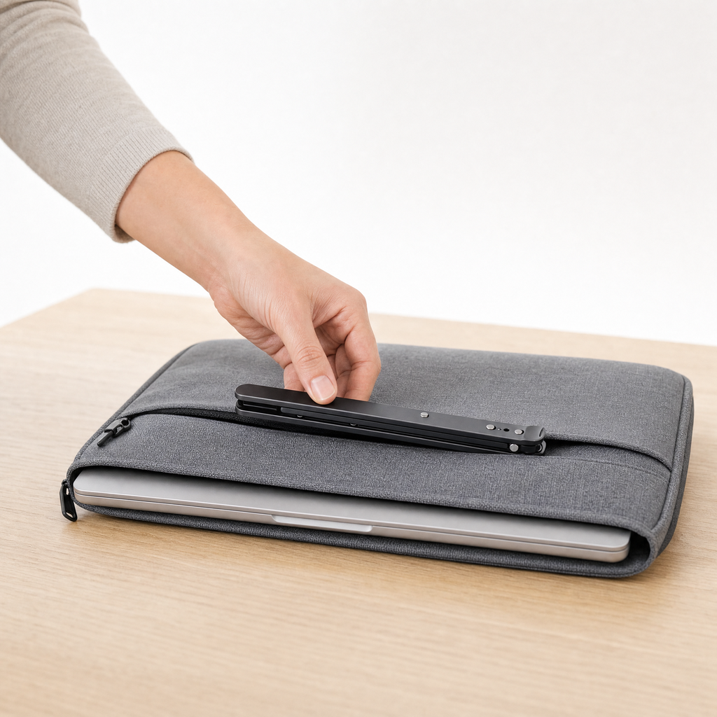 The folded stand being slid into the front pocket of a laptop sleeve
